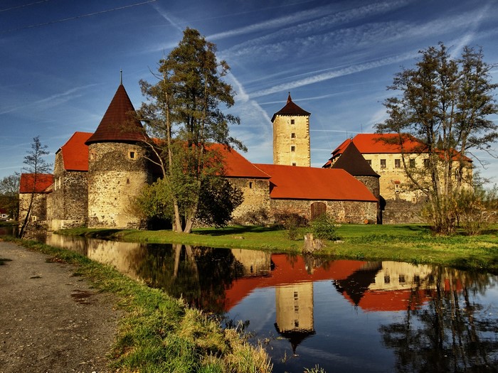 Burg Svihov Castle reflected in a pond in the Czech Republic
