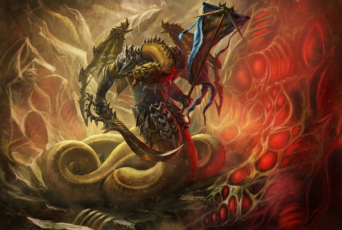 Dragon creature with wings and sabre holding a flag