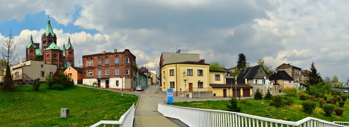 Czeladz Silesian, Poland Street with Church and Houses