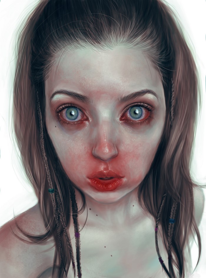 Painting of a young woman with red eyes and braids