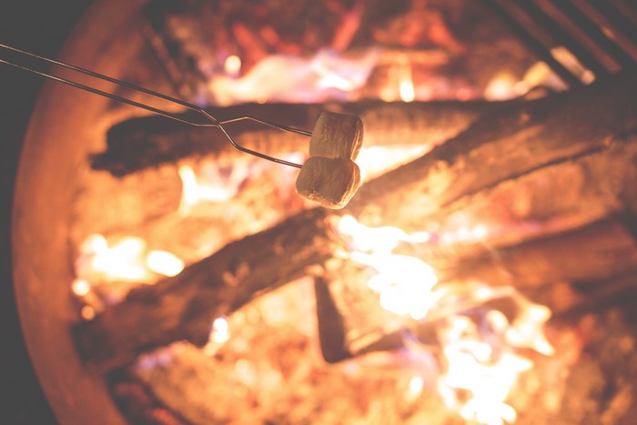 Marshmallows roasting over a bonfire