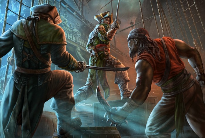 Three pirates fighting with sabres and knives on a ship
