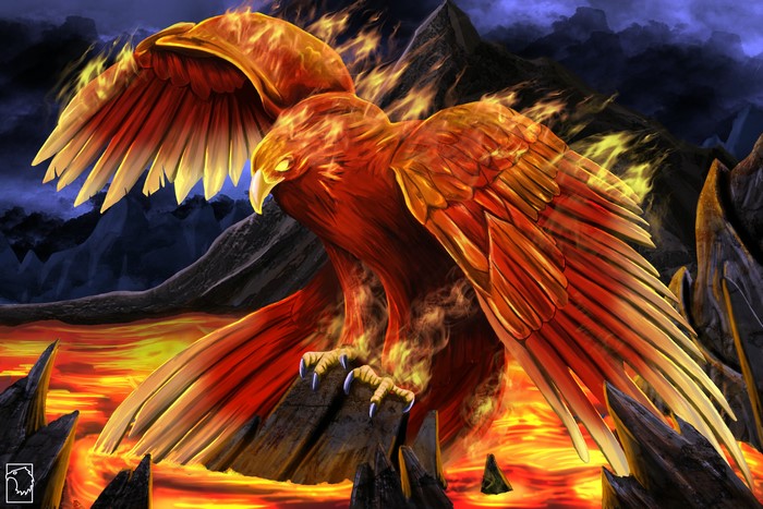 Phoenix bird rising from lava