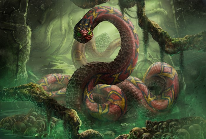 Giant snake coiled around skulls in a misty jungle