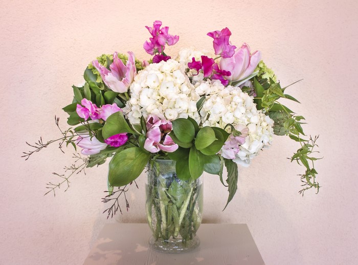 Bouquet of Hydrangeas and Tulips in a Vase