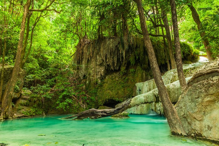 Turquoise waterfall in a dense jungle