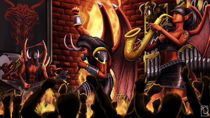 Demons performing a concert with Satanic imagery