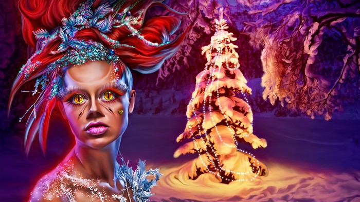 Woman with elaborate hair and yellow eyes near Christmas tree