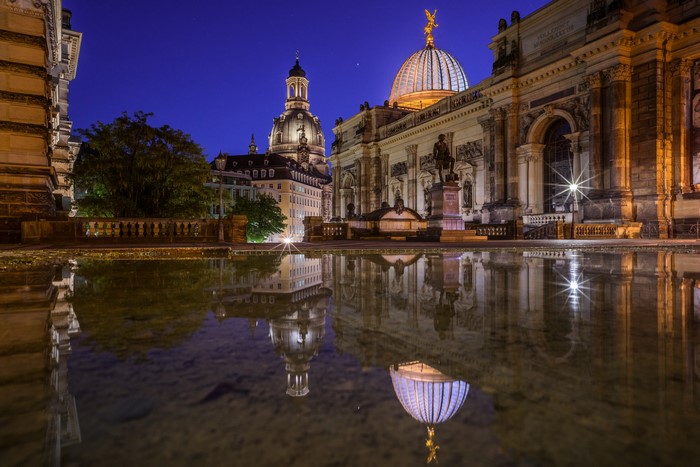 Dresden Albertinum and Frauenkirche at Night with Reflection