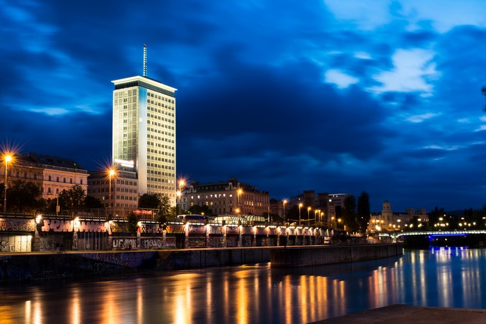Vienna Donaukanal at Night with Illuminated Buildings