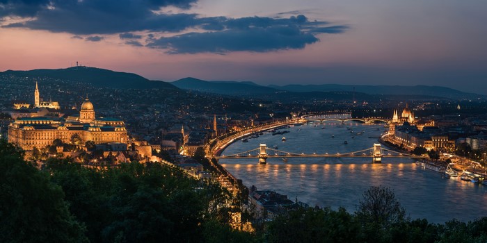 Budapest Nightscape with Danube River and Bridges