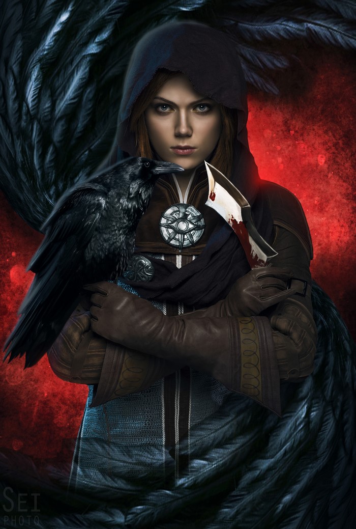 Woman with crow and bloody knife