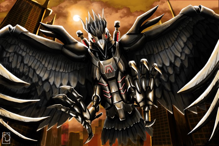 Mechanical Eagle with Wings and Claws in City