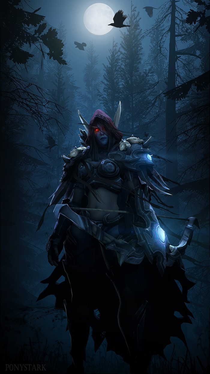 Sylvanas Windrunner from World of Warcraft in a forest at night