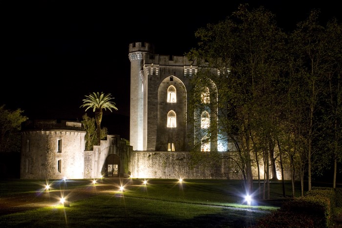 Castle at night with lawn and lights