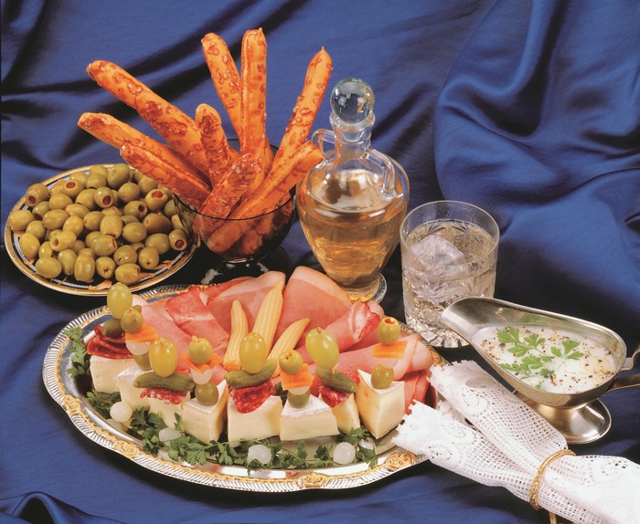 Cheese and Ham Appetizers with Olives and Breadsticks