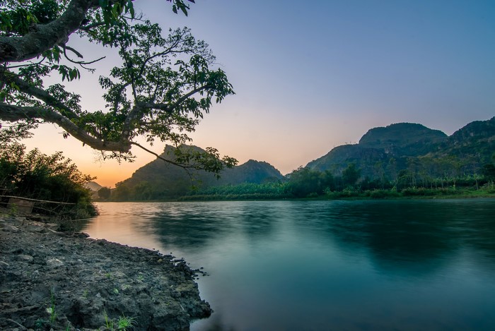 River and mountains at sunset in Vietnam