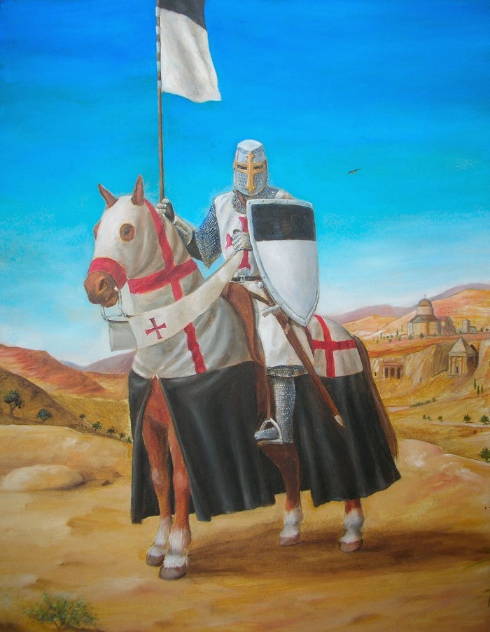 Knight on horseback with flag and shield in desert landscape