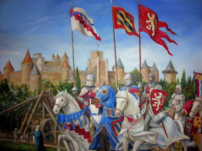 Knights on horseback with flags and castle