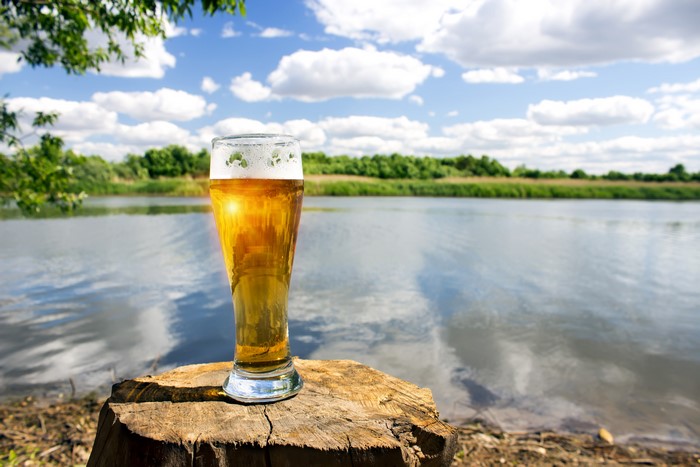Beer in a highball glass on a tree stump by a lake