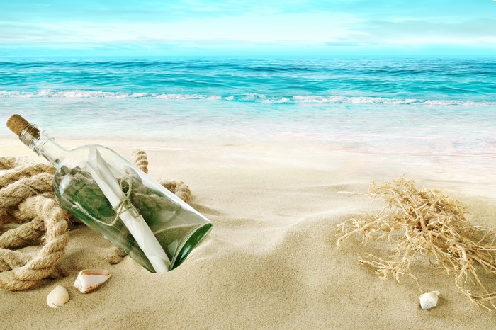 Message in a bottle on a sandy beach with the sea