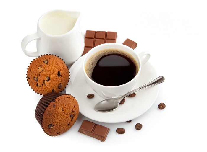 Coffee, Cupcakes, Milk, and Chocolate on White Background