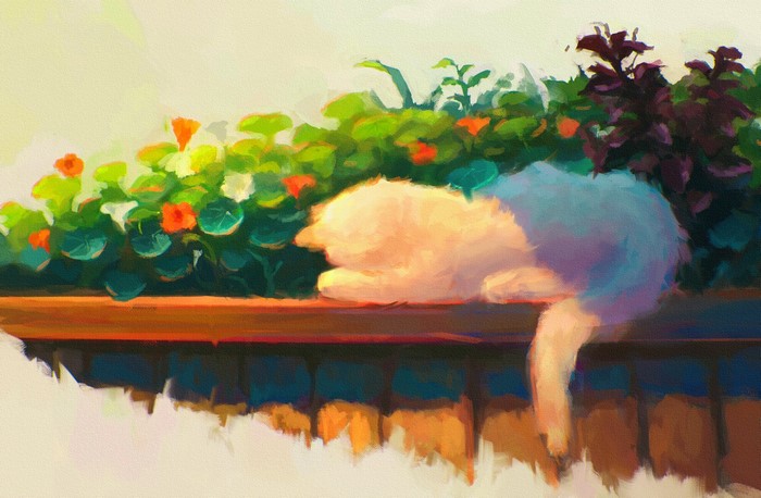 Painting of a cat sleeping on a windowsill with flowers
