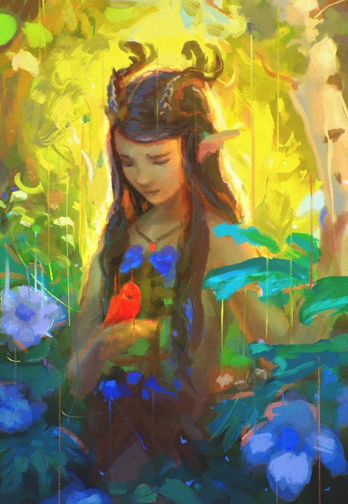 Elf girl with antlers holding a bird