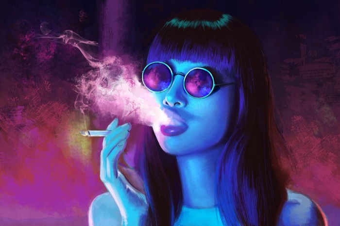 Woman smoking cigarette with sunglasses