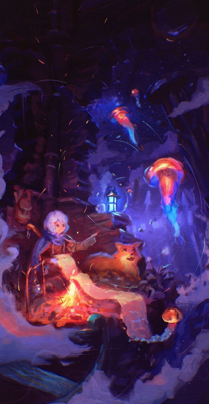 Girl and fox by campfire with glowing jellyfish