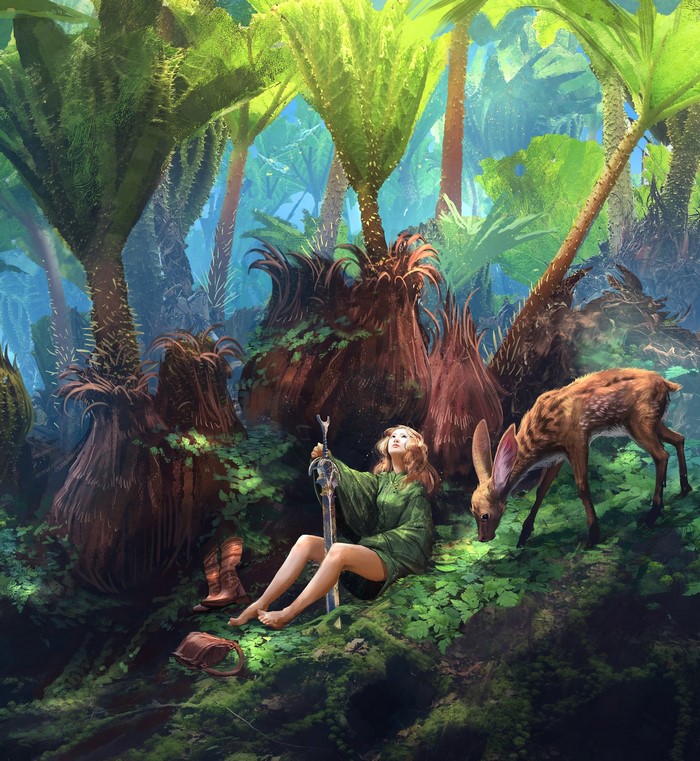 Woman with sword and deer in a magical forest