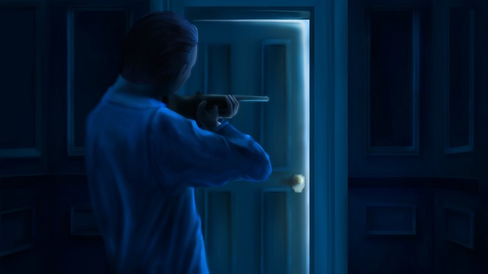 Man aiming a rifle at a door
