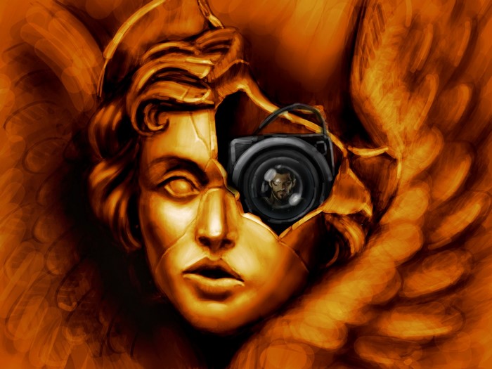 Deus Ex statue with camera lens