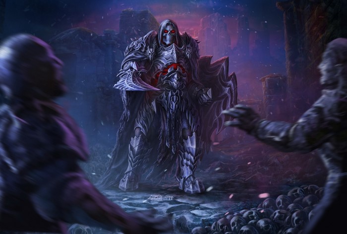 Undead warrior with glowing red eyes and armor