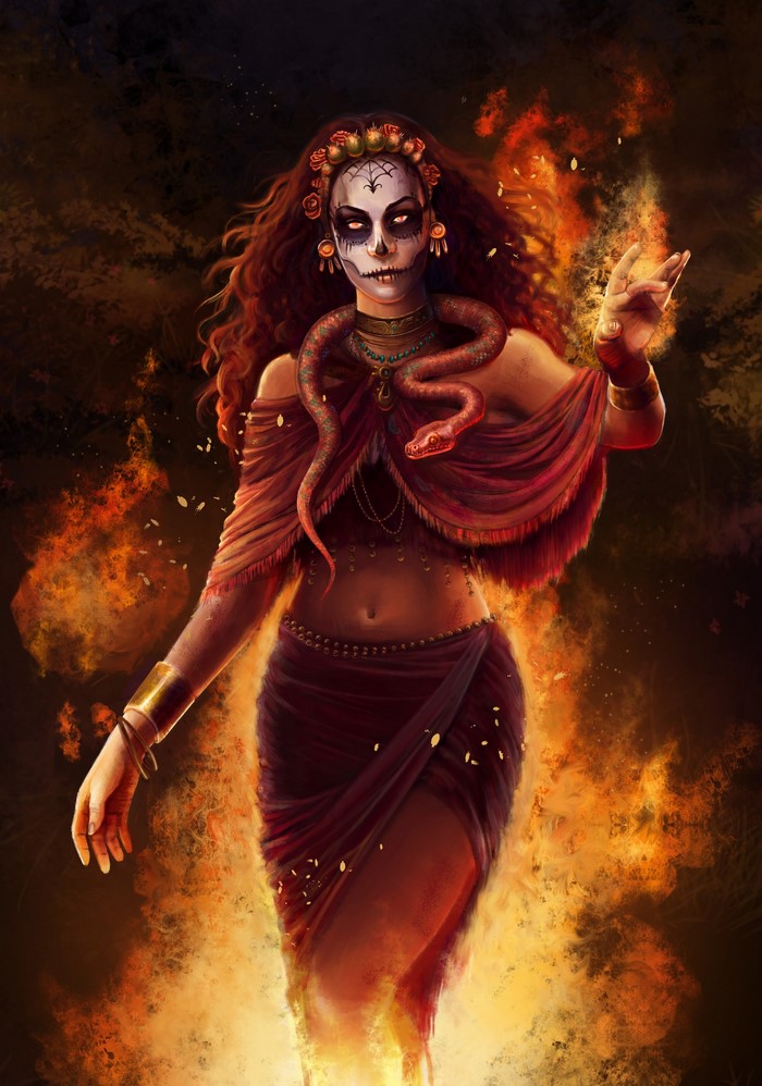 Chantico, goddess of fire and hearth, with a snake