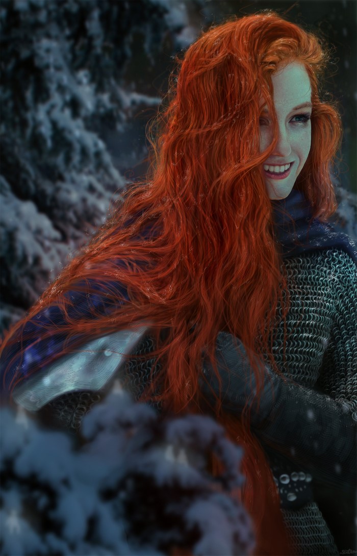 Redhead warrior woman in chainmail in snowy forest