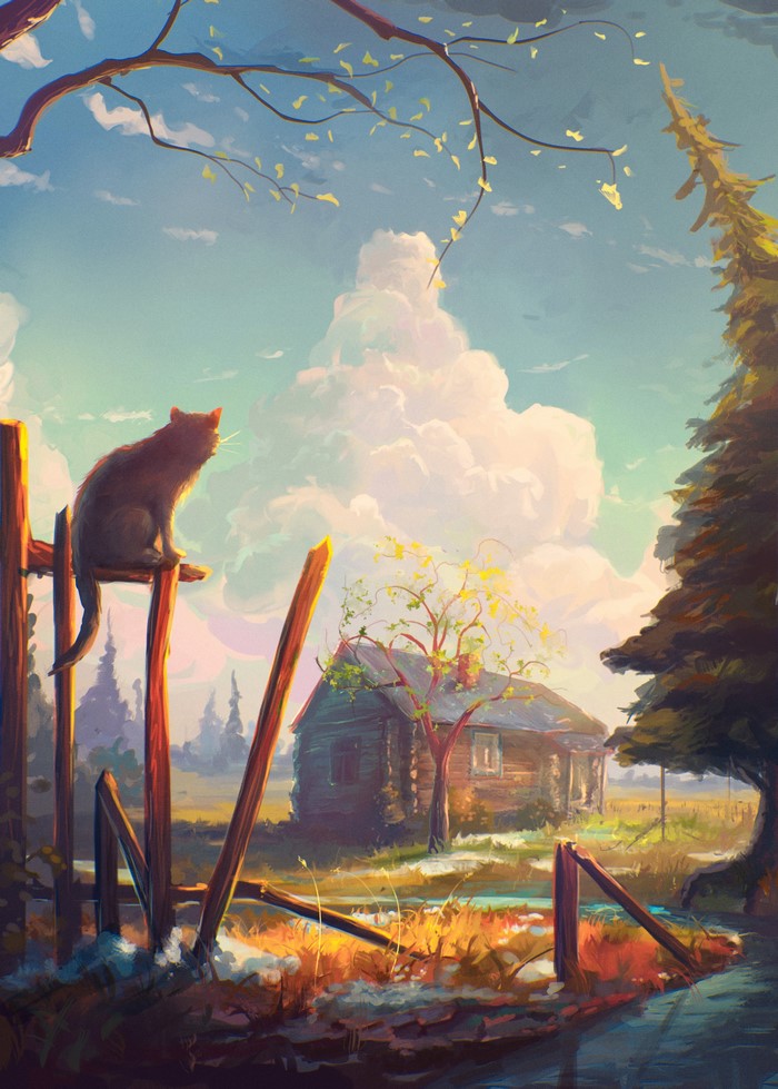 Cat sitting on a fence near a cabin