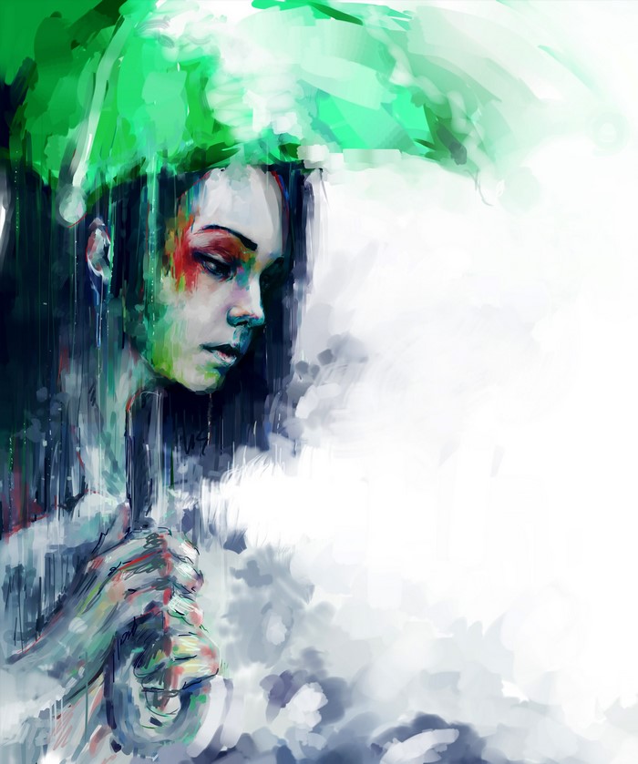 Painting of a woman holding a green umbrella in the rain