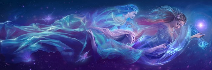 Three ethereal beings in a starry nebula