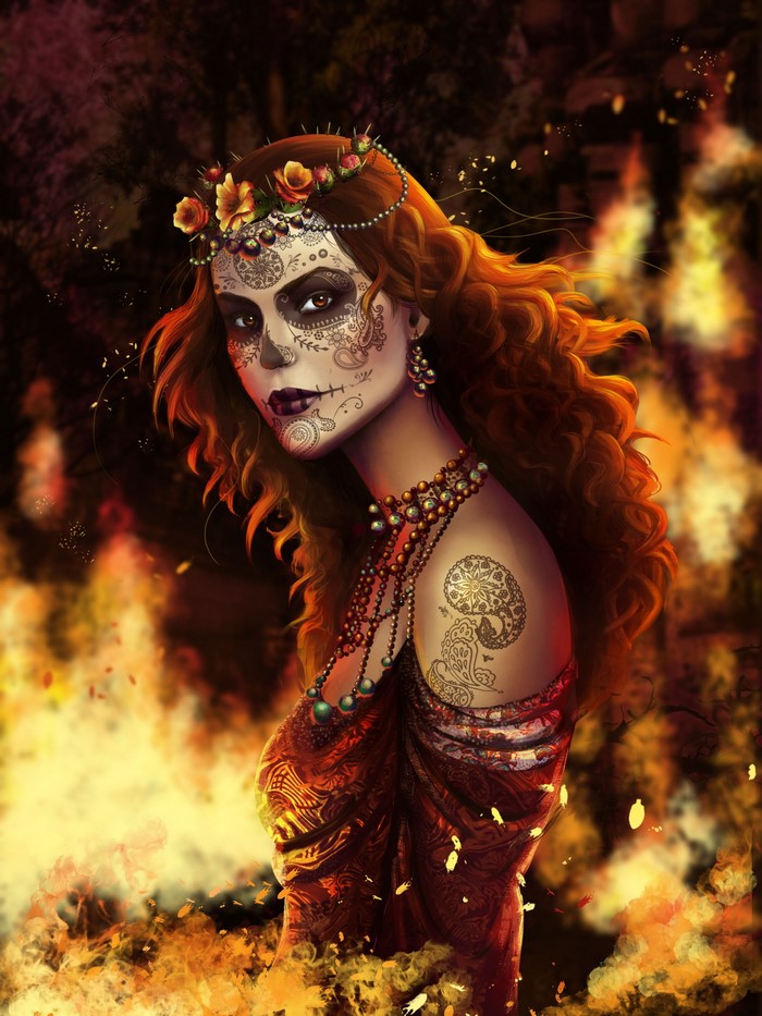 Chantico, goddess of fire, with sugar skull makeup