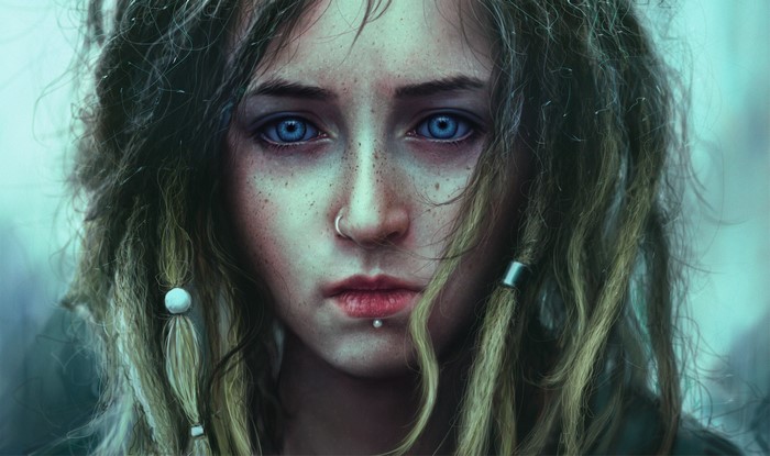 Painting of a young woman with blue eyes and dreadlocks