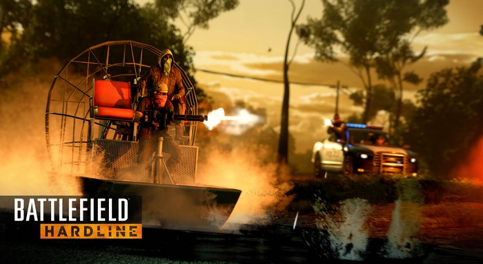 Battlefield Hardline: Men firing machine guns from airboat and police car