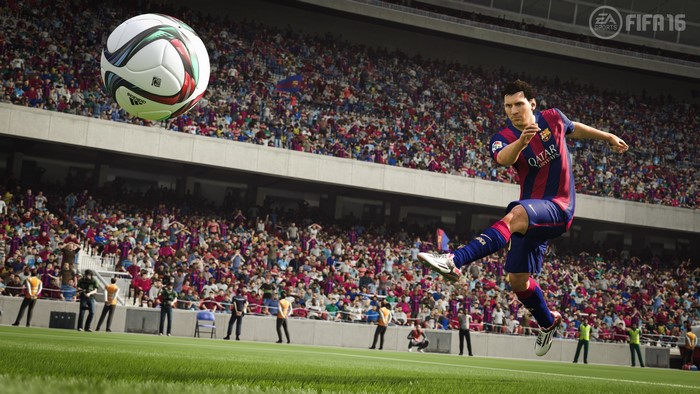 Lionel Messi from FIFA 16 kicking a ball