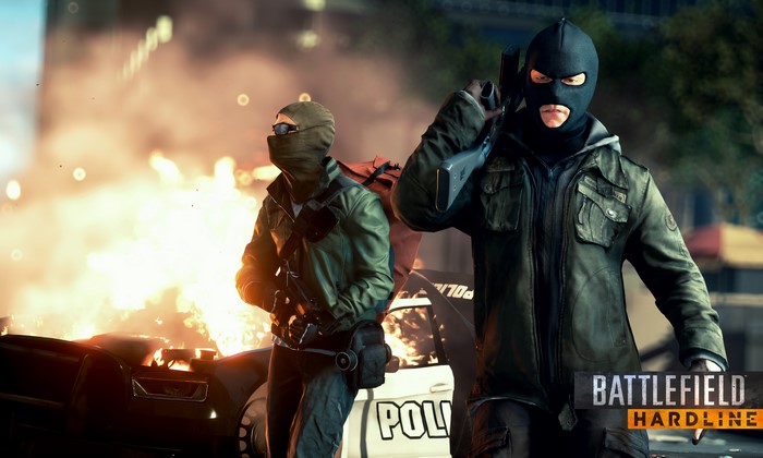 Two masked men with assault rifles in Battlefield Hardline