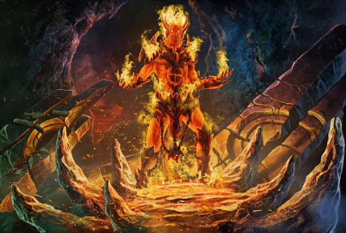 Fiery demon with horns in a volcanic cave