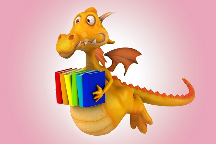Yellow dragon holding colorful books