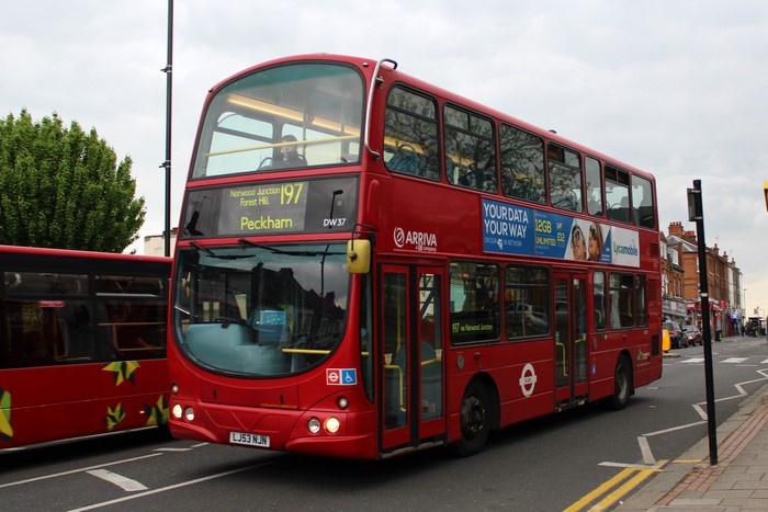 Red Arriva double-decker bus route 197