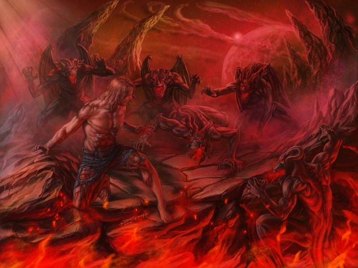 Man fighting demons in a fiery hellscape