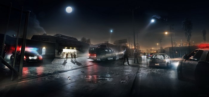 Police operation at night with helicopter