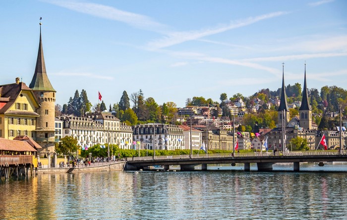 Lucerne, Switzerland cityscape with river and bridges